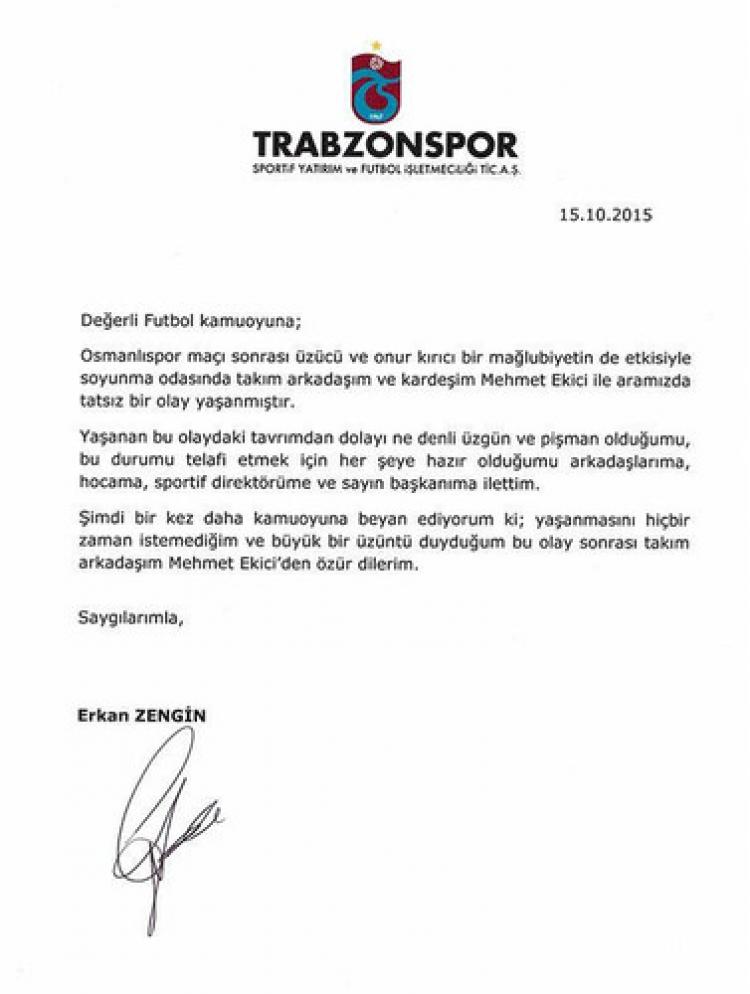 Trabzonspor'da Erkan Zengin, Mehmet Ekici'den özür diledi