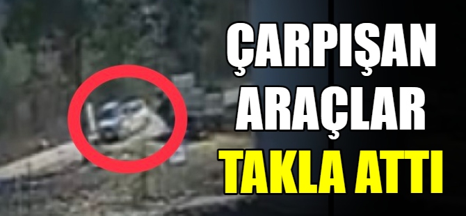 İki otomobil böyle çarpışıp takla attılar