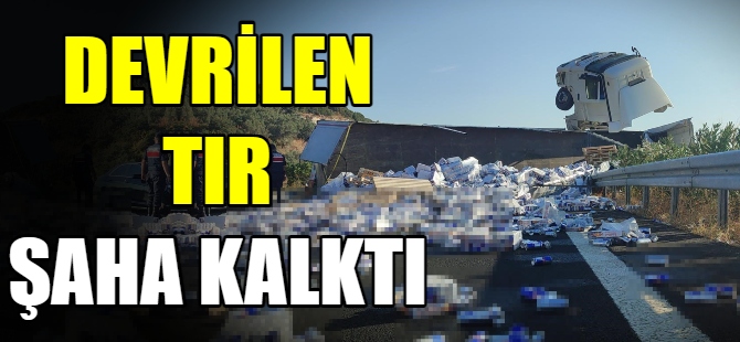 Enerji içeceği yüklü tır devrildi