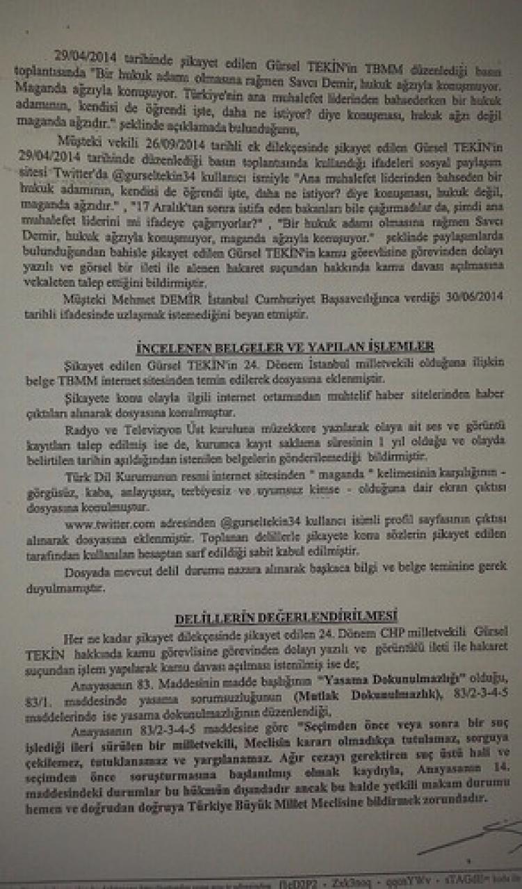 Gürsel Tekin'e fezleke düzenlendi