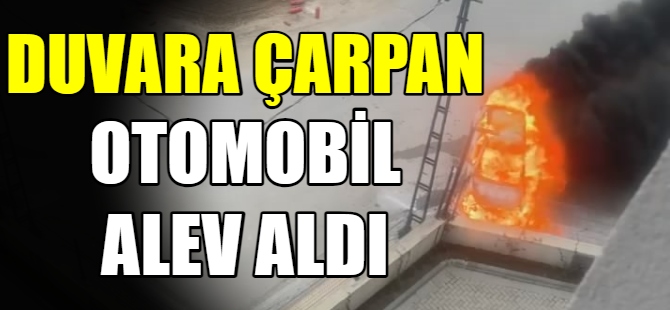 Duvara çarpan otomobil alev aldı