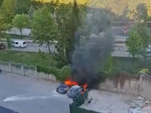 Park halindeki araçlar alev aldı