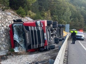Bursa'da kontrolden çıkan yem yüklü tır devrildi