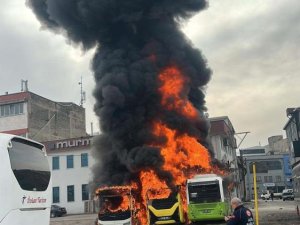 Bursa'da park halindeki otobüsler alev alev yandı