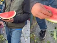 Skandal görüntü! Karpuzu hem boyadı, utandamadan da paylaştı